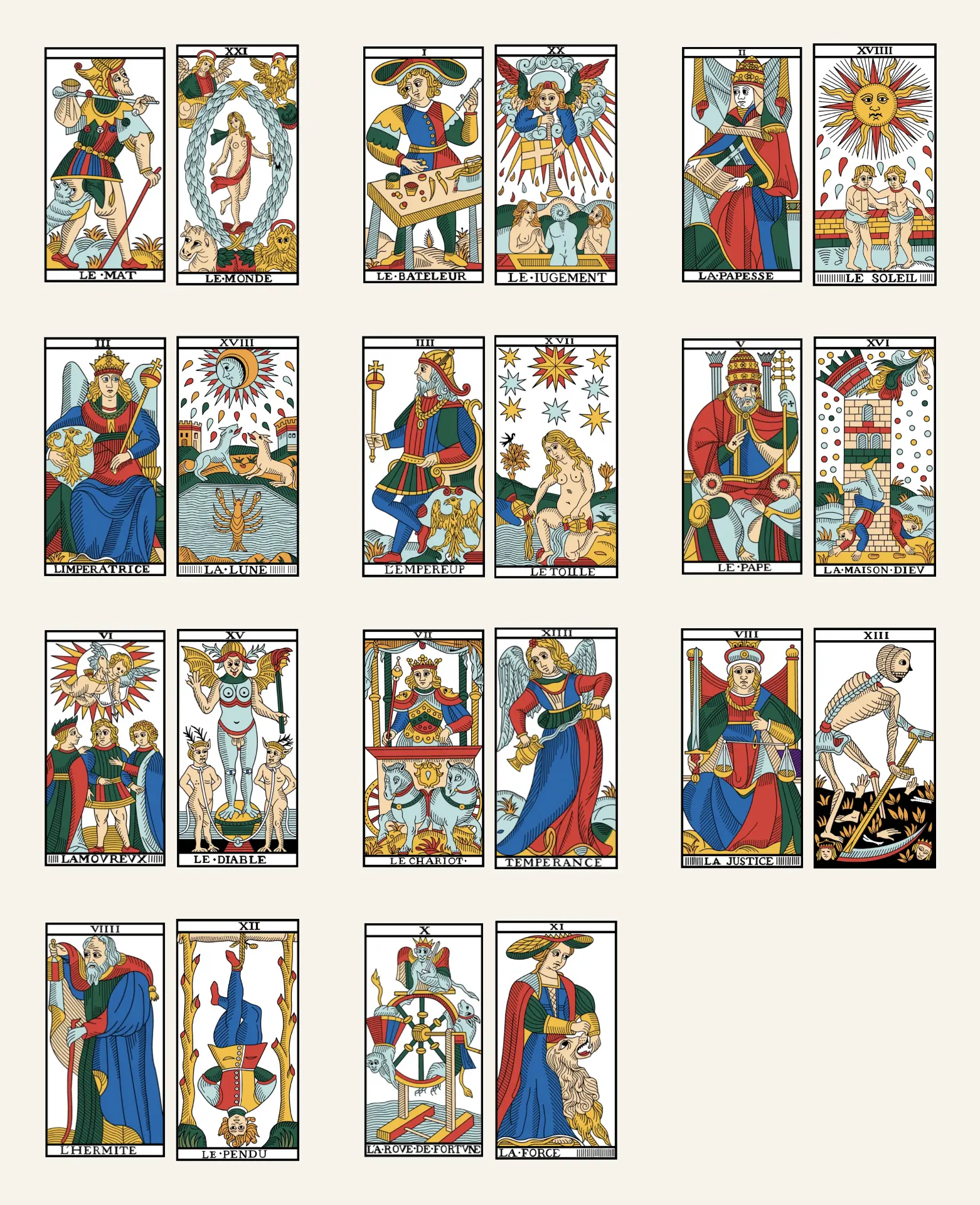 Le undici coppie degli arcani maggiori del Tarot di Marsiglia